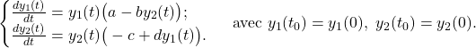 Rendered by QuickLaTeX.com \begin{equation*} \begin{cases} \frac{dy_1(t)}{dt} = y_1(t) \big(a - b y_2(t)\big); \\ \frac{dy_2(t)}{dt} = y_2(t) \big(-c + d y_1(t) \big). \end{cases} \text{ avec } y_1(t_0) = y_{1}(0),~y_2(t_0) = y_{2}(0). \end{equation*}